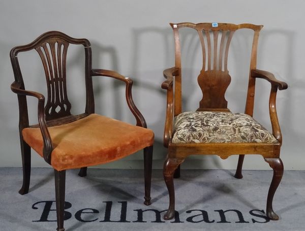 A George III mahogany framed open armchair on cabriole supports, 69cm wide x 98cm high and another later, on tapering square supports 62cm wide x 92cm