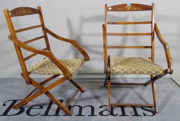 A pair of Edwardian marquetry inlaid stained beech folding chairs, 49cm wide x 82cm high.  D5