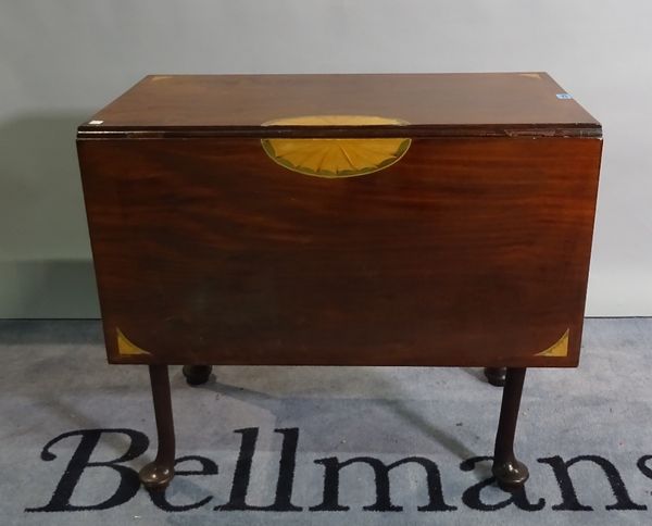 A late Victorian inlaid mahogany drop flap tea table on tapering pad feet, 81cm wide x 72cm high.  D2