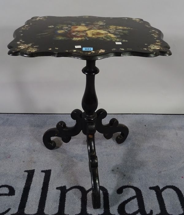 A Victorian ebonised and mother of pearl inlaid tripod table on three downswept supports, 56cm wide x 72cm high. D5