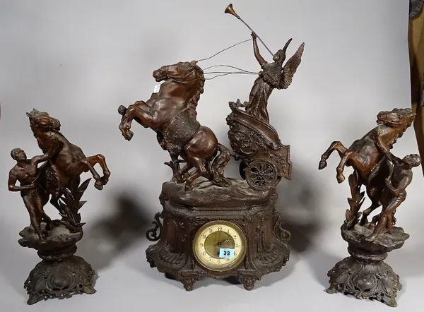 A Spelter clock garniture modelled with horses, 60cm high.  S4B