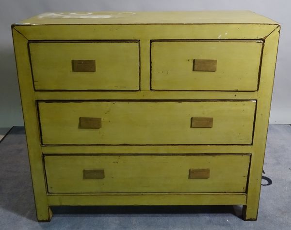 A 20th century green painted chest of two short and two long drawers, 100cm wide x 90cm high. B4