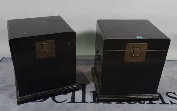 A pair of 20th century black lacquer lift top boxes, 44cm wide x 53cm high.  D3