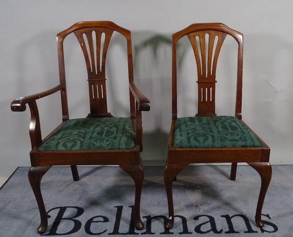 A set of eight Edwardian mahogany dining chairs with splatbacks on cabriole supports to include two carvers, 64cm wide x 100cm high, (8).  S2