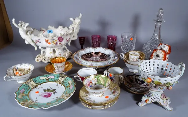 Ceramics, including; Coalport cups and saucers, a Dresden bowl, a pair of Staffordshire figures, a glass decanter and sundry, (qty).  S1T