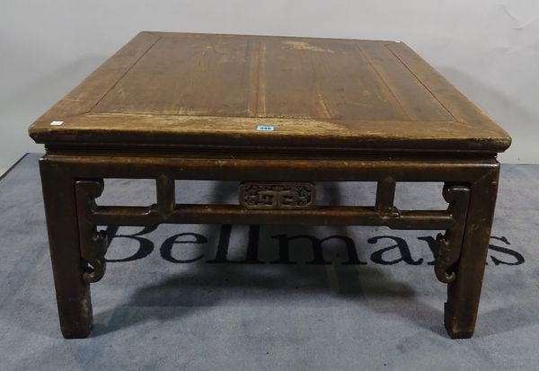 An early 20th century Chinese stained pine square low table, 93cm wide x 50cm high. D4