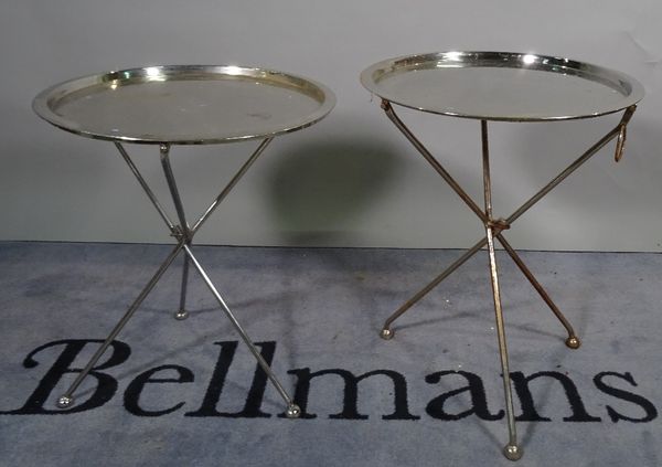 A pair of 20th century chrome folding circular oak tables, 48cm wide x 68cm high, (2). B5