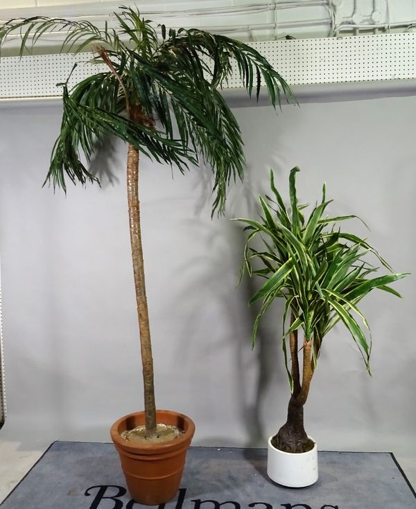 Two 20th century faux palm tree plants, the largest 240cm high, (2).  OUT