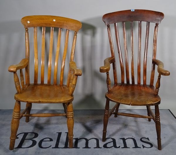 A 19th century ash and elm open armchair and another similar, 55cm wide x 118cm high, (2).  ROST