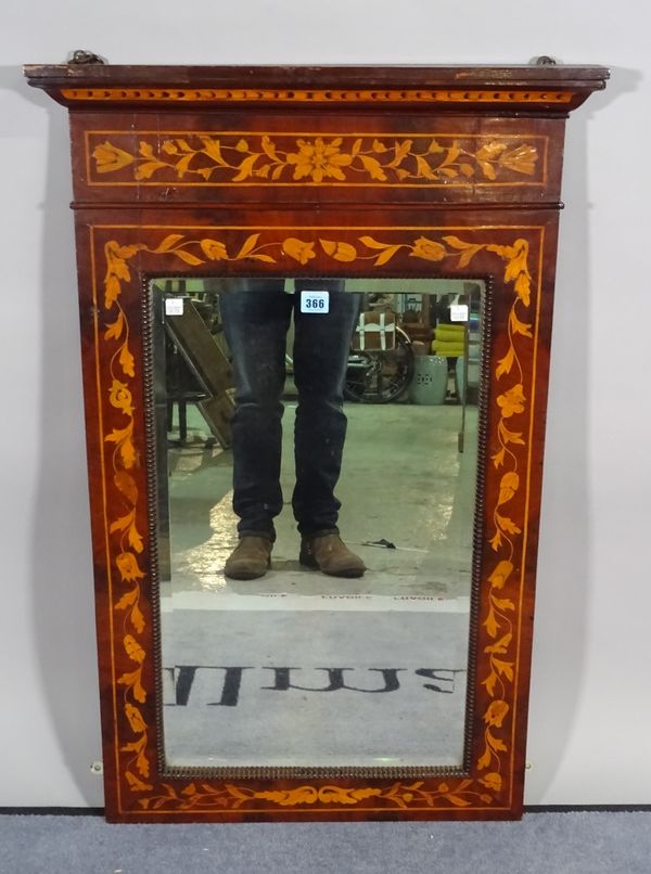 An Edwardian inlaid mahogany wall mirror with bevelled glass, 62cm wide x 95cm high.  B5