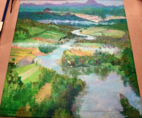 Lawrence L Toynbee (1922-2002), View from Fledge over Narnia, oil on canvas backdrop, signed with initials and dated '68, unframed (rolled).  CAB