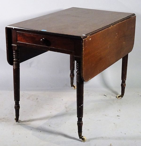 A late Regency mahogany Pembroke table with single drawer, on ring turned supports, circa 1830, 90cm wide x 73cm high.  D3