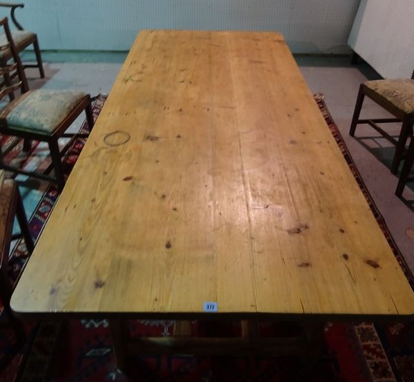 An early 20th century rectangular pine kitchen table, 208cm long x 78cm high x 96cm wide. B5