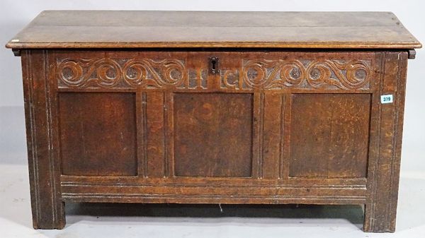 An 18th century and later oak coffer, 105cm wide x 56cm high.  D2