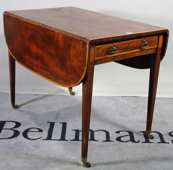 A George III mahogany inlaid single drawer Pembroke table on tapering square supports, 91cm wide x 71cm high.  B1