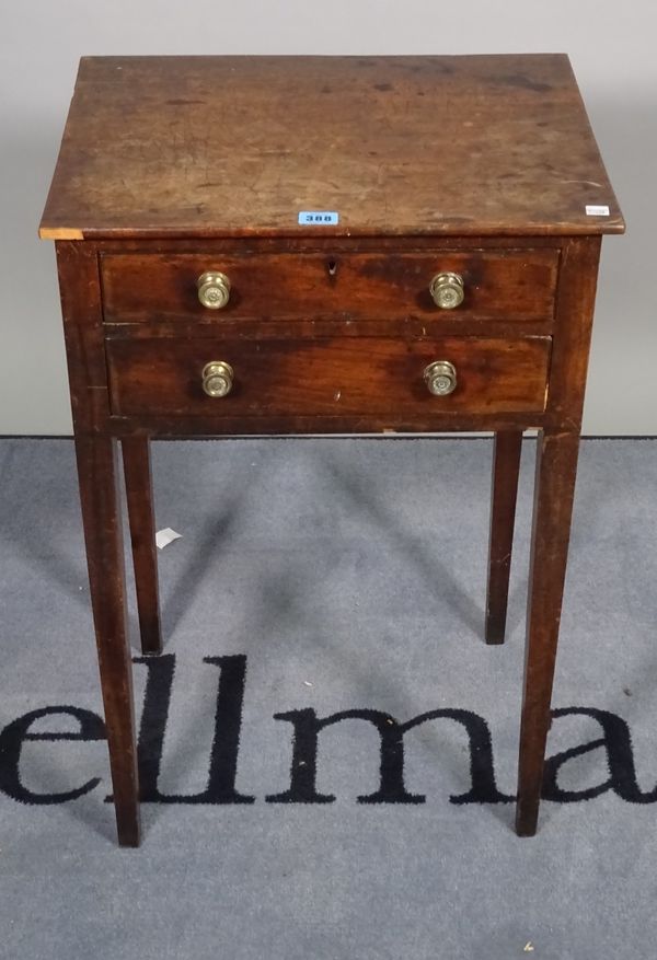 A George III mahogany two drawer side table on tapering square supports, 46cm wide x 72cm high. D1