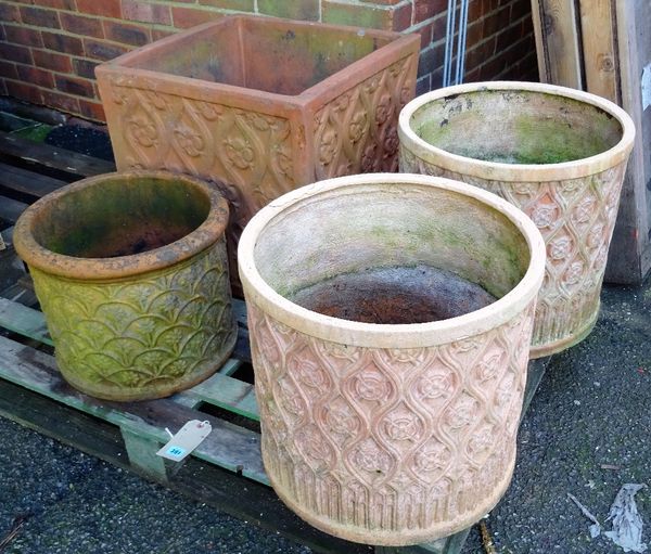 A 20th century terracotta rectangular planter, 52cm wide x 50cm high, a pair of terracotta cylindrical planters, 45cm wide x 42cm high and another sma