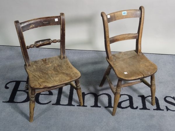 A 19th century ash and elm child's knife back chair 30cm wide x 61cm high and another similar, 33cm wide x 57cm high, (2).  D2