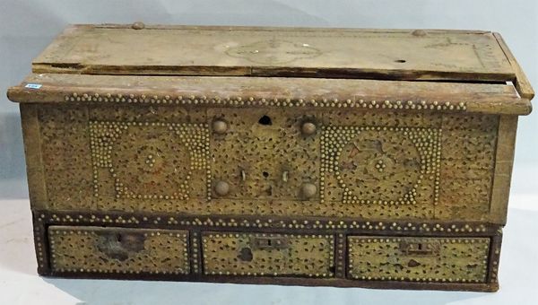 An 18th century and later Zanzibar iron studded chest, 100cm wide x 47cm  high, (a.f.).  D2