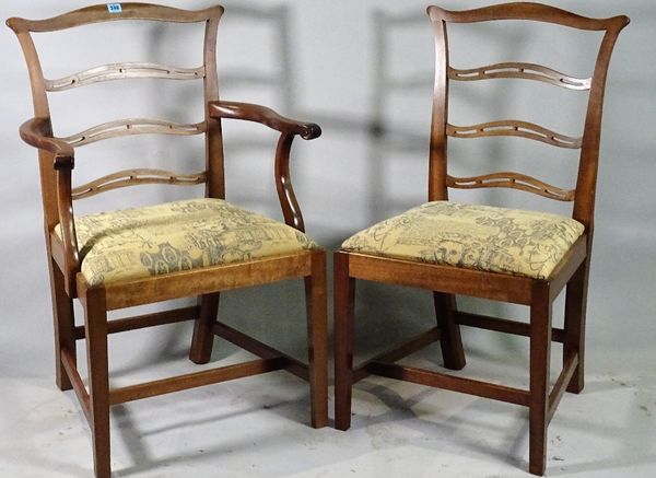 A set of eight George III style mahogany ladder back dining chairs, to include two carvers, 59cm wide x 94cm high, (8).  B5