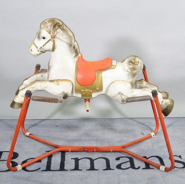 Prairie King; a mid-20th century metal painted spring rocking horse, 100cm wide x 91cm high.  B4