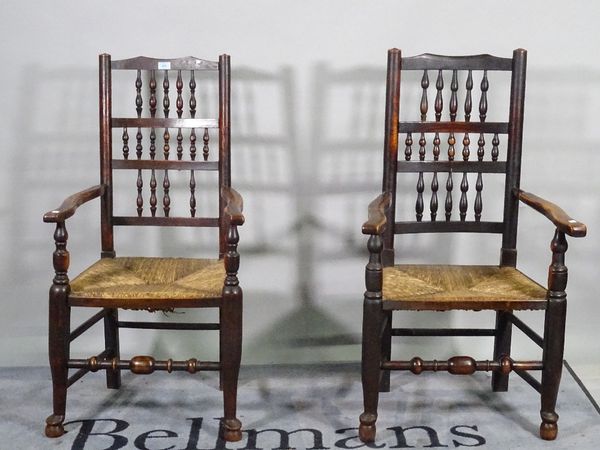 A pair of 19th century Elm Lancashire ladder open armchairs, 53cm wide x 109cm high. D4