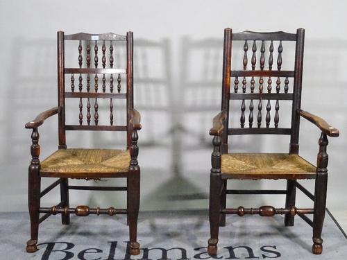 A pair of 19th century Elm Lancashire ladder open armchairs, 53cm wide x 109cm high. D4