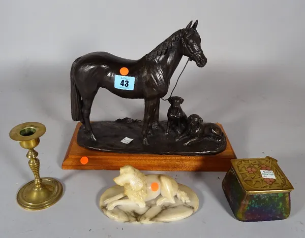 Collectables, including; a 20th century faux bronze figure of a horse and two dogs on a mahogany plinth base, a 20th century hardstone figure of a dog