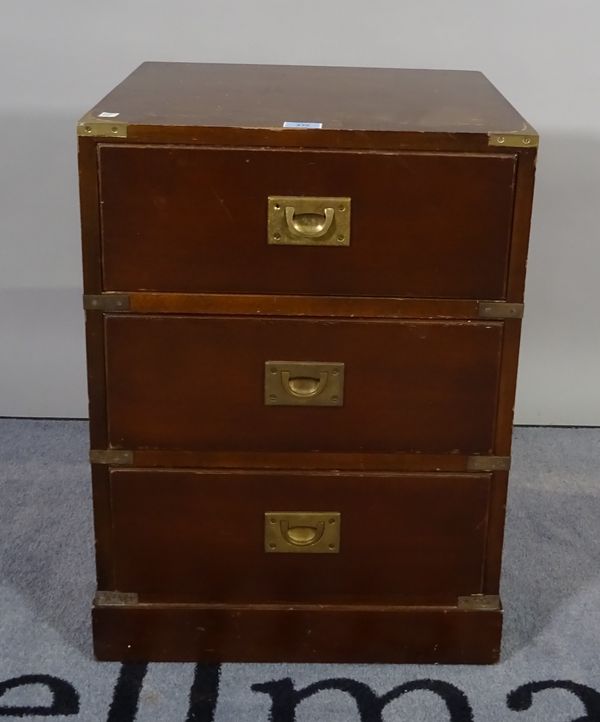 A Campaign style mahogany and brass mounted bedside chest of three drawers, 46cm wide x 63cm high.  D5