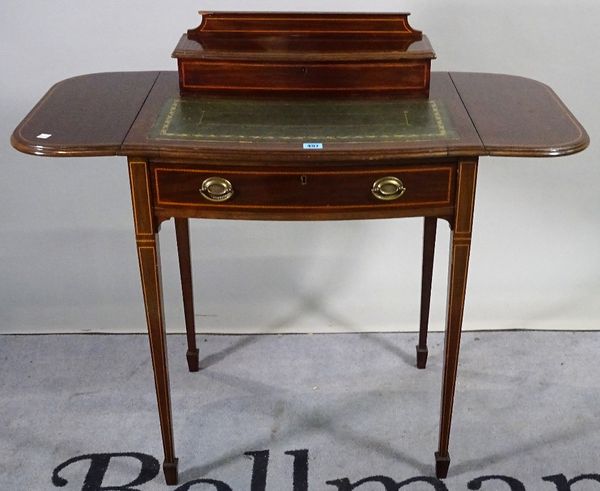 A Edwardian inlaid mahogany single drawer drop flap writing desk on tapering square supports, 62cm wide x 86cm high. D1