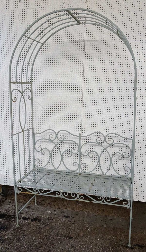 A 20th century grey painted metal arch top garden bench. OUT