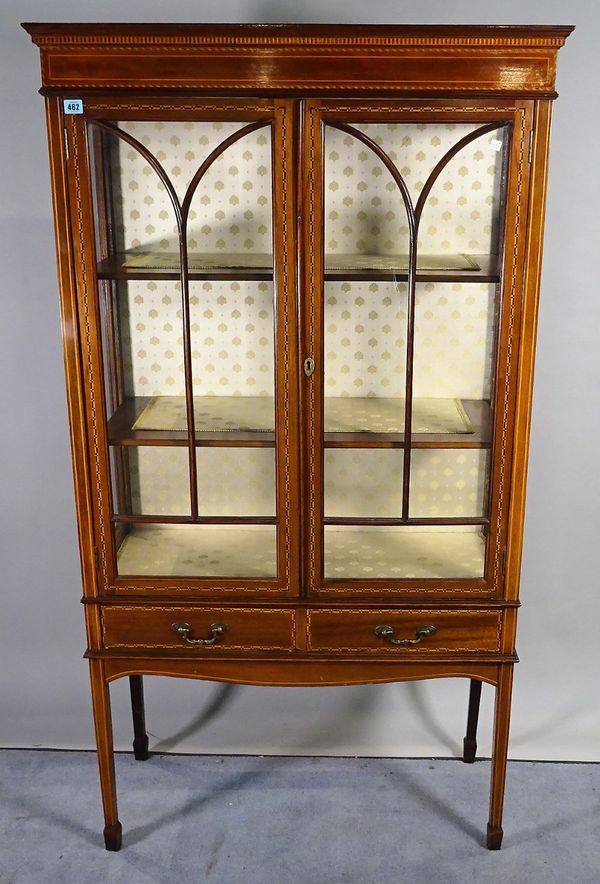 An Edwardian inlaid mahogany single door display cabinet with tapering square supports, 91cm wide x 167cm high.  ROST