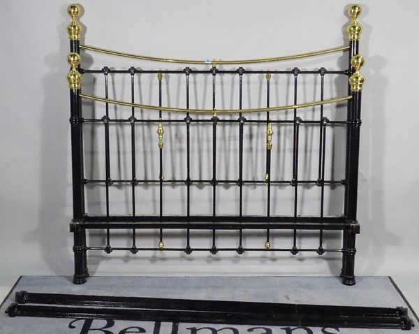 A Victorian style black painted metal and brass double bed, 152cm wide x 155cm high. A2