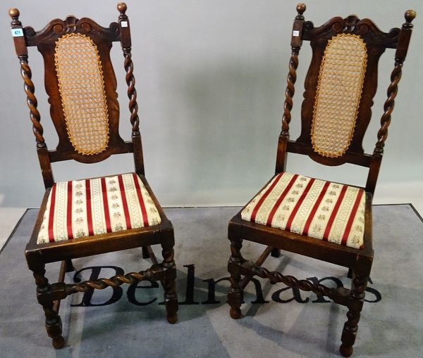 A set of six 18th century style oak dining chairs on barley twist supports, 46cm wide x 108cm high, (6).   D2