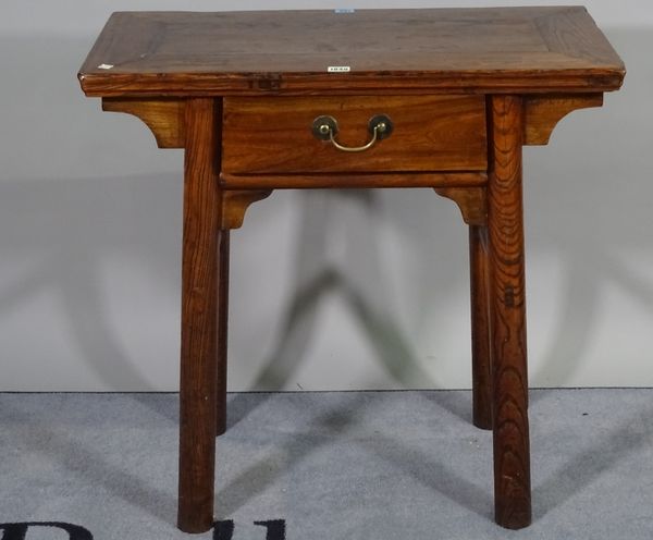 A late 19th century elm altar table with single frieze drawer on turned supports, 79cm wide x 76cm high.  A2