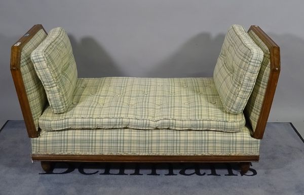 A 1930s stained beech drop end window seat on turned supports, 123cm wide x 75cm high.   B2