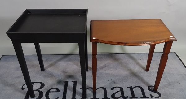 A modern black lacquer galleried side table, 52cm wide x 65cm high and a mahogany bowfront low side table, 61cm wide x 56cm high, (2).  A1