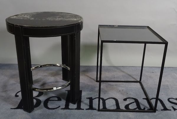 A modern leather upholstered circular occasional table, 50cm diameter x 61cm high and a modern black painted metal square side table, 40cm wide x 53cm