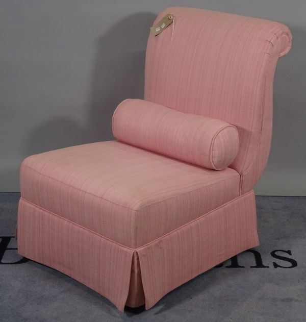 Baker; a modern low chair with pink cotton upholstery, 62cm wide x 90cm high.  D5