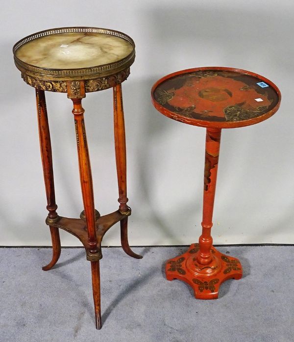 A 19th century French stained beech marble top jardiniere stand, 32cm wide x 83cm high and a red japanned circular occasional table, 36cm diamter x 69