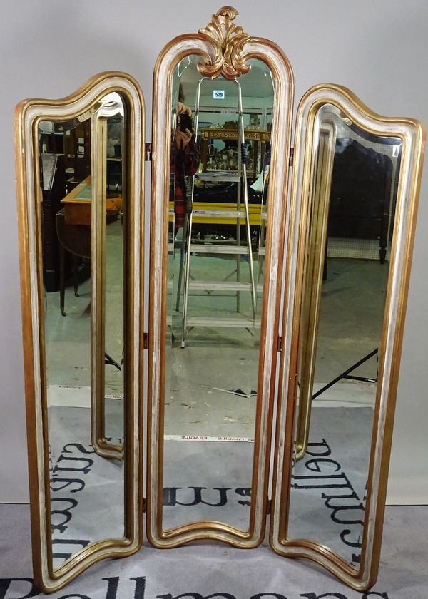 A modern gold painted triptych floor standing mirror, 120cm wide x 165cm high. C1