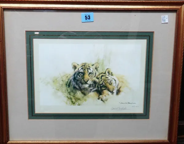 David Shepherd (1931-2017), Tigers; Leopards; Elephants, three colour prints, all signed, the largest 23.5cm x 30cm,(3).  B1
