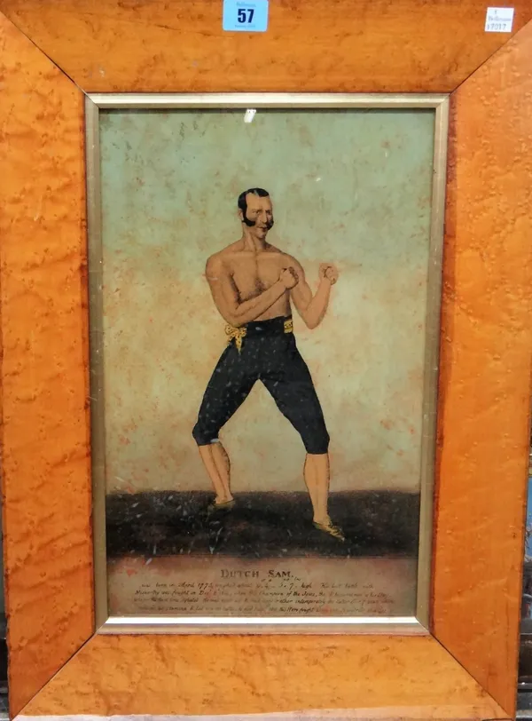A group of four, including a colour transfer engraving on glass of 'Dutch Sam', pugilist; a hand coloured stipple engraving of Richard Curtis; and 'A
