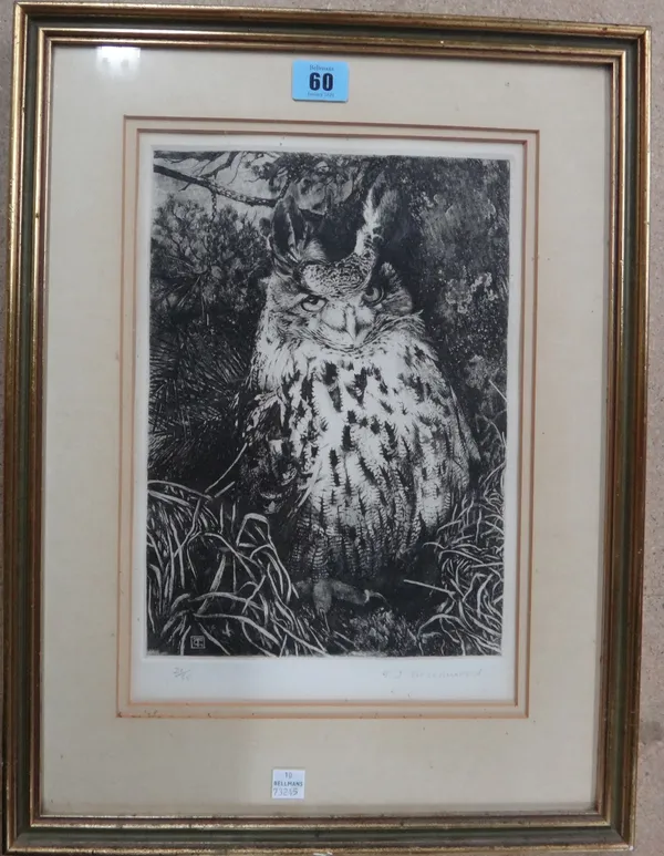 Timothy J. Greenwood (1947-2010), Owl; Horses; Willow Tits; Horses head; Owl; five etchings, all signed and numbered, various sizes,(5).  B1
