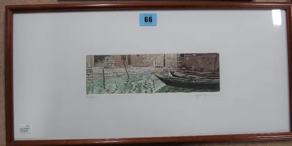 A group of three colour etchings of Venice scenes, indistinctly signed, various sizes; together with two further prints,(5).  B1