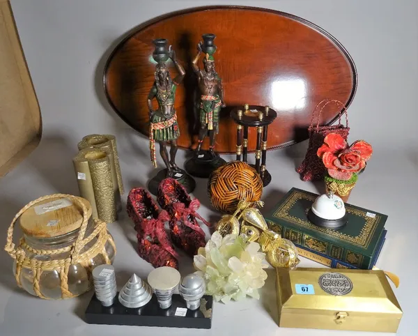 Collectables including; a pair of modern figural candlesticks, 40cm high, a pair of giltwood oval mirrors, 30cm wide, candlesticks, trays and sundry,