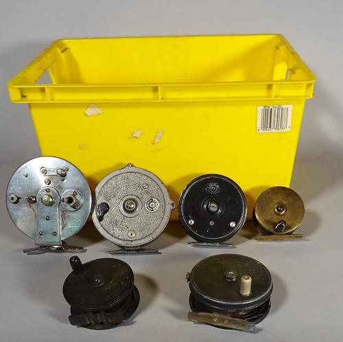 Fishing equipment; six vintage reels, two Victorian brass trout reels, a perfect style 3 1/2 inch trout reel with red agate, a Farlows Farlite trout r