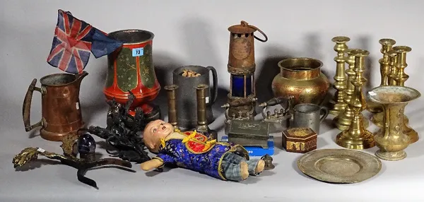 Collectables, including; brass and pewter candlesticks, miniature irons, black forest bears and sundry, (qty).  S3T