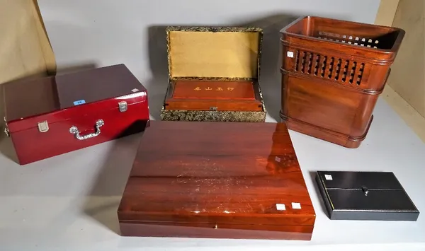 A 20th century hardwood rectangular jewellery box, 40cm wide x 15cm high and a quantity of ring boxes, a hardwood waste paper pin and sundry, (qty).