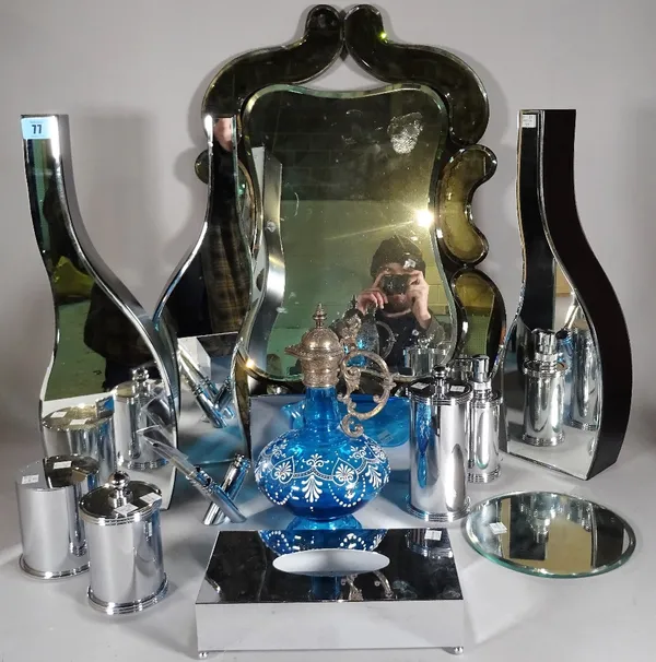 A group of three mirrored vases, 50cm high and a group of four 20th century chromed pots, 17cm high and sundry, (qty).  S6M